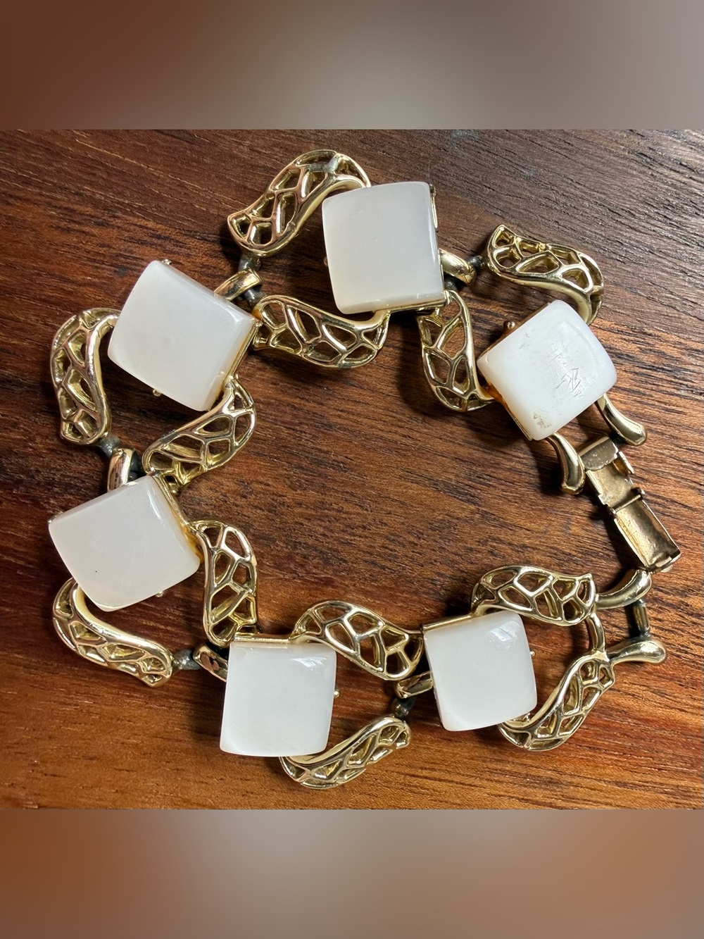 VTG Coro Gold-Tone Bracelet with White Square Thermoset Cabochons